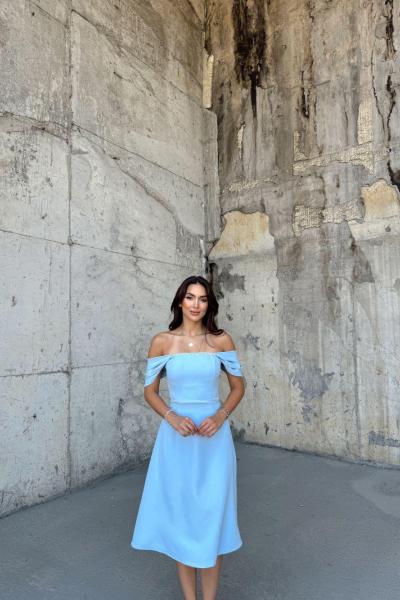 Amaris Taşlı Midi Boy Elbise 2117  Bebe Mavisi