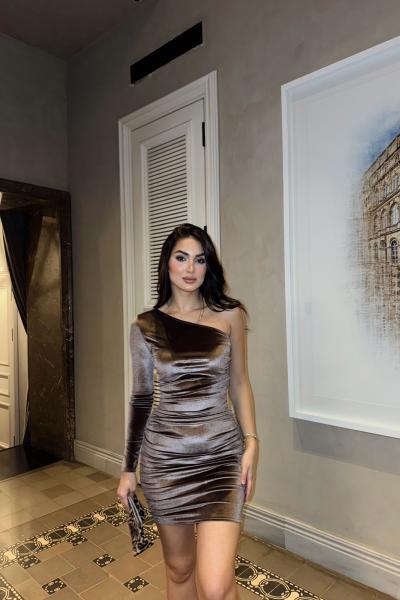 Aren Tek Kol Kadife Mini Elbise 582333 Kahverengi