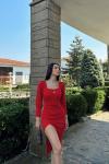 Arsima Kare Yaka Yırtmaçlı Midi Boy Elbise  MJ5x Kırmızı
