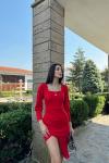 Arsima Kare Yaka Yırtmaçlı Midi Boy Elbise  MJ5x Kırmızı