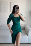 Arsima Kare Yaka Yırtmaçlı Midi Boy Elbise MJ5 Yeşil
