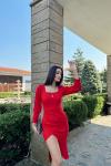 Arsima Kare Yaka Yırtmaçlı Midi Boy Elbise  MJ5x Kırmızı