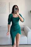 Arsima Kare Yaka Yırtmaçlı Midi Boy Elbise MJ5 Yeşil