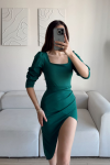 Arsima Kare Yaka Yırtmaçlı Midi Boy Elbise MJ5 Yeşil