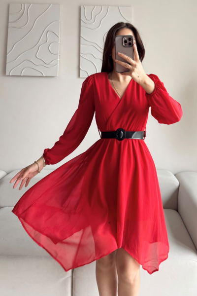 Asimetrik Kesim Kemerli Şifon  Elbise 89586 Kırmızı
