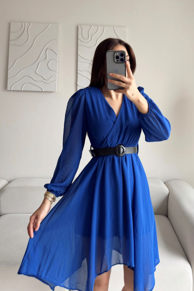 Asimetrik Kesim Kemerli Şifon  Elbise 89586 Saks Mavisi