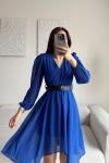 Asimetrik Kesim Kemerli Şifon  Elbise 89586 Saks Mavisi