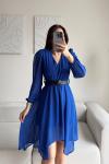 Asimetrik Kesim Kemerli Şifon  Elbise 89586 Saks Mavisi