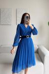 Asimetrik Kesim Kemerli Şifon  Elbise 89586 Saks Mavisi