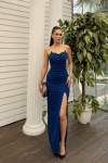 Asiy  Aksesuar Askılı Yırtmaç Detay Scuba  Abiye 583173 Saks Mavisi