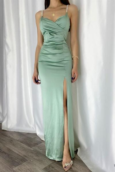 Asiy Aksesuar Askılı Yırtmaç Detay Saten Abiye 582210 A3x Mint Yeşili