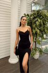 Asiy Aksesuar Askılı Yırtmaç Detay Scuba  Abiye 583173 Siyah