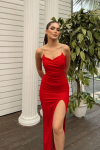 Asiy Aksesuar Askılı Yırtmaç Detay Scuba  Abiye 583173 Kırmızı