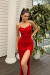 Asiy Aksesuar Askılı Yırtmaç Detay Scuba  Abiye 583173 Kırmızı