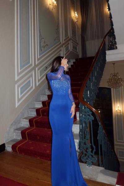 Asra Tül Detay Işıltılı Abiye 583080 Saks Mavisi