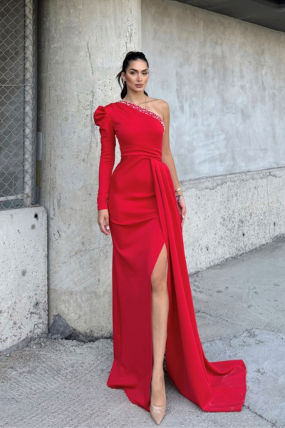 Ava Tek Omuz Tasarım Abiye 582743 Kırmızı