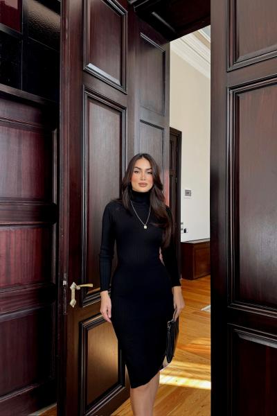 Azura Balıkçı Yaka Triko Elbise 077 Siyah