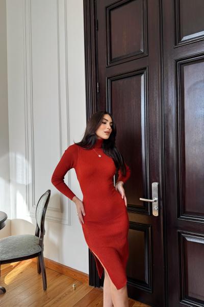 Azura Balıkçı Yaka Triko Elbise 077 Kiremit