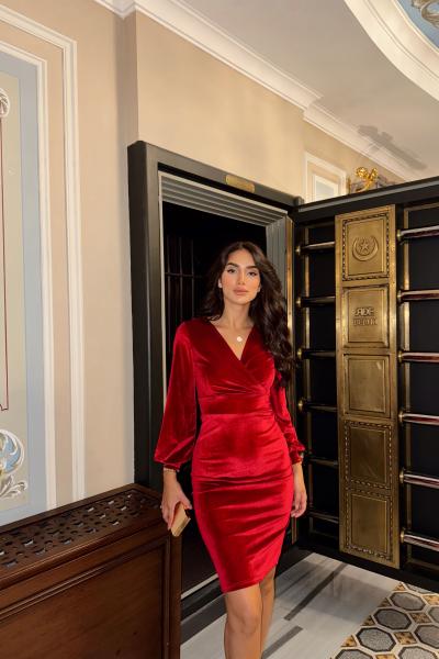 Banses Kruvaze Yaka Kadife Kalem Elbise 582303 Bordo