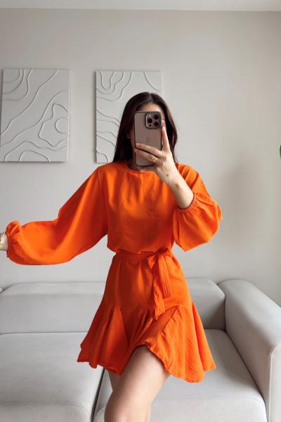 Bella Etek Volan Detay Kuşaklı Aerobin Elbise C3x Turuncu
