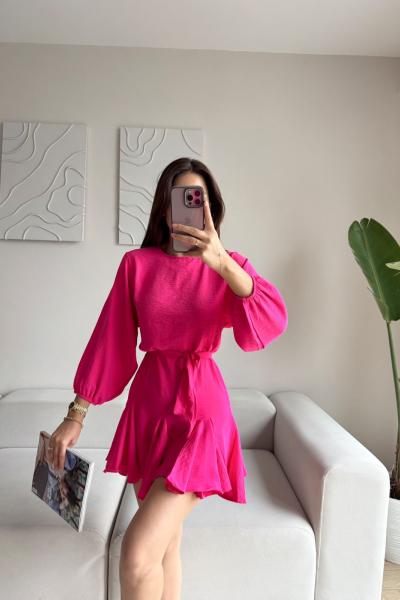 Bella Etek Volan Detay Kuşaklı Aerobin Elbise C3x Fuşya
