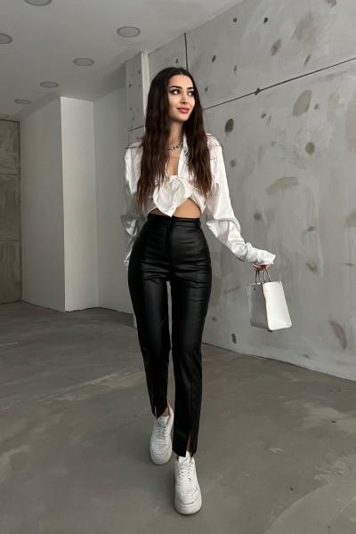 Benedict Paça Yırtmaçlı Deri Pantolon 3661 Siyah