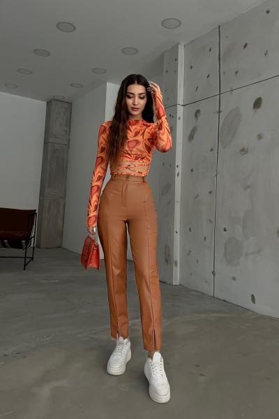 Benedict Paça Yırtmaçlı Deri Pantolon 3661 Kahverengi