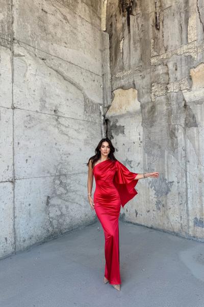 Camelia Tek Kol Saten Abiye 582922 Kırmızı