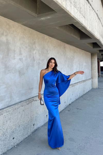 Camelia Tek Kol Saten Abiye 582922 Saks Mavisi