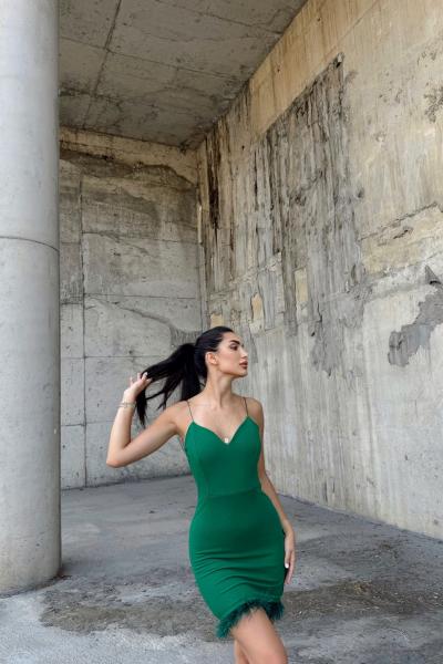 Cemre İp Askılı Tüylü Mini Elbise 582843 Zümrüt