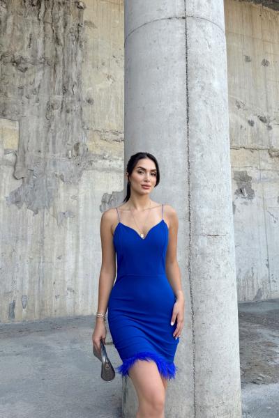 Cemre İp Askılı Tüylü Mini Elbise 582843 Saks Mavisi