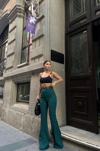 Çift Tokalı Pantolon 22338 Zümrüt