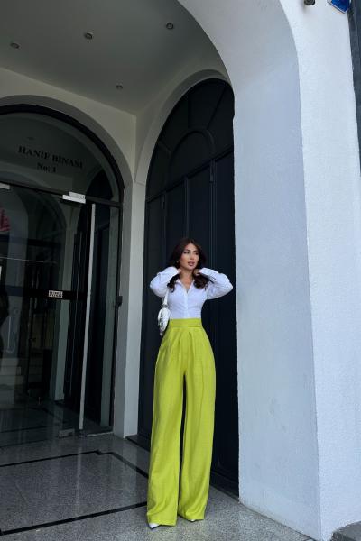 Çırtlı Palazzo Keten Pantolon 20014 Fıstık Yeşili