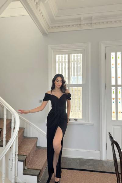 Destina Düşük Omuz İp Askı Yırtmaçlı Abiye 582134 A12x Siyah