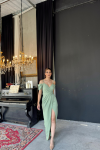 Destina Düşük Omuz İp Askı Yırtmaçlı Abiye 582134  A12x Mint Yeşili