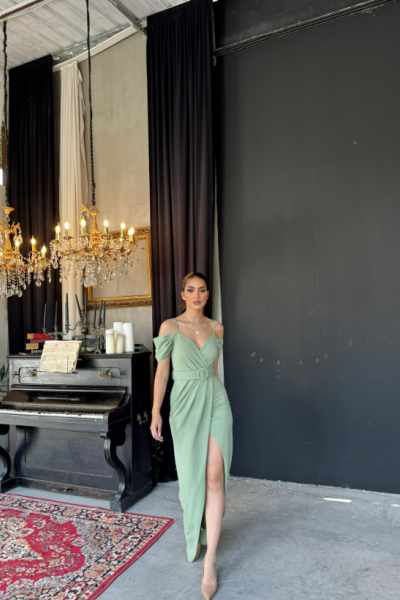 Destina Düşük Omuz İp Askı Yırtmaçlı Abiye 582134  A12x Mint Yeşili