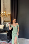 Destina Düşük Omuz İp Askı Yırtmaçlı Abiye 582134  A12x Mint Yeşili