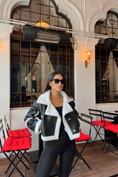 Devin Deri Görünümlü Tasarım Crop Kaban 20158 Siyah