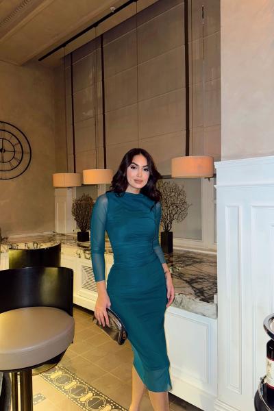 Dik Yaka Büzgülü Maxi Tül Elbise 3130 Zümrüt