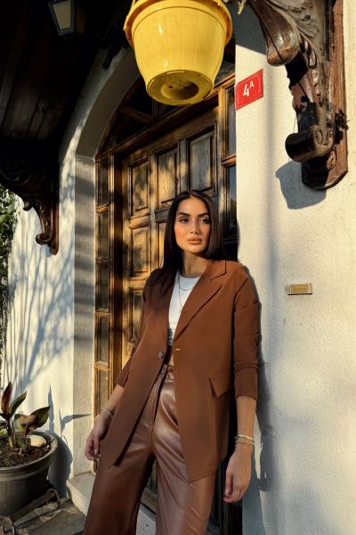 Dökümlü Slim Fit Kruvaze Blazer Ceket 3236 Kahverengi