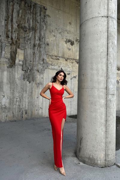 Emily Kruvaze Yaka İp Askı Yırtmaçlı Abiye 582193 A15x Kırmızı