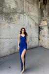 Emily Kruvaze Yaka İp Askı Yırtmaçlı Abiye 582193 A15x Saks Mavisi