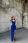 Emily Kruvaze Yaka İp Askı Yırtmaçlı Abiye 582193 A15x Saks Mavisi