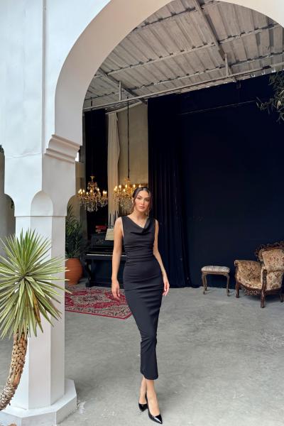 Ethan Degaje Yaka Kolsuz Midi Elbise 57786 Siyah