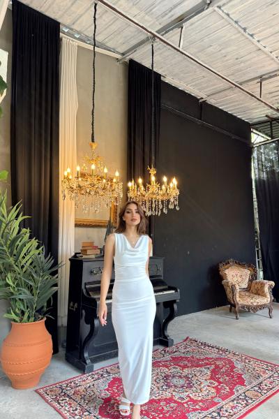 Ethan Degaje Yaka Kolsuz Midi Elbise 57786 Beyaz