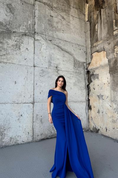 Ewo Kuyruklu Tek Omuz Abiye 582108 A13x Saks Mavisi