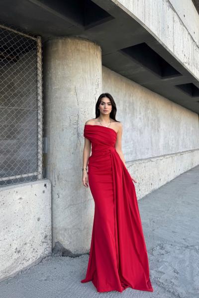 Ewo Kuyruklu Tek Omuz Abiye 582108 A13x Kırmızı