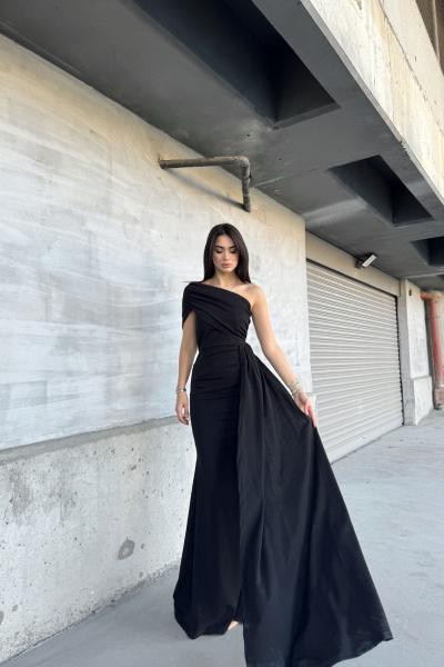 Ewo Kuyruklu Tek Omuz Abiye 582108 A13x Siyah