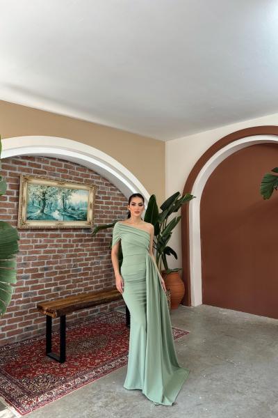 Ewo Kuyruklu Tek Omuz Abiye 582108 A13x Mint Yeşili