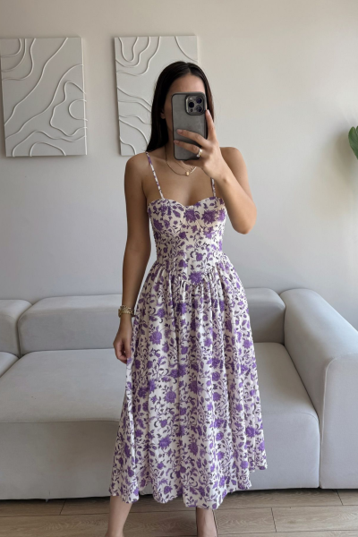 Eylül Desenli Gloplu Midi Elbise 13427 Lila